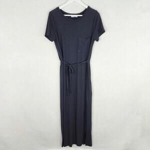 First Love Maxi Shirt Dress Women S Grey Knit Side Slit, Belt Front Pocket Scoop